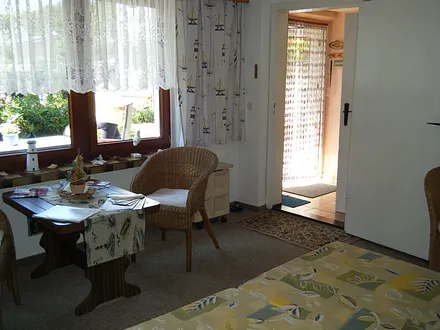 Wohn-Schlafraum mit Blick zur Terrasse und zum Flur 