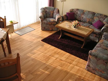 Wohnzimmer mit Sitzecke und ausziehbarer Schlafcouch