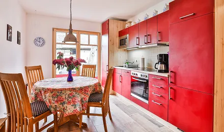 Komfortable Küchenzeile mit E-Herd + Seranfeld, Geschirrspülautomat, Kühl- und Gefriekombination und Mikrowelle