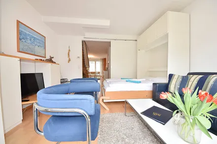 Wohnbereich mit aufgeklappten Schrankbett