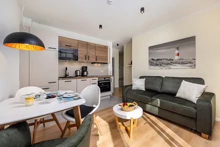 Blick in das Wohnzimmer mit Küchenzeile.