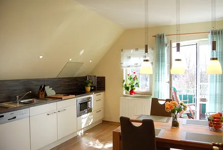 Küche mit Kochfeld, Geschirrspüler, Mikrowelle usw.