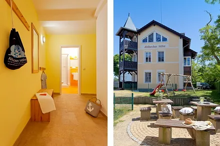 Saunazugang und Garten mit Spielplatz