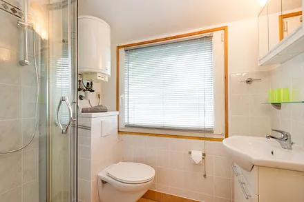Das Bad bietet Ihnen Dusche und WC.