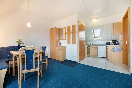 Die Küchenzeile ist mit Backofen, Cerankochfeld, Kühlschrank mit Gefrierfach ...