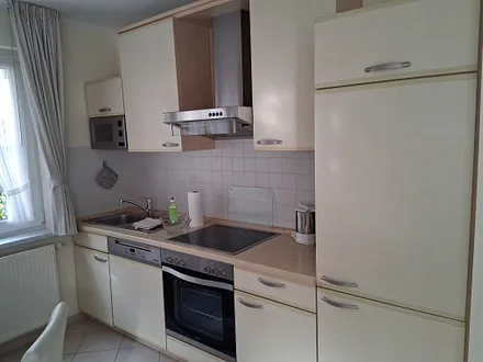 Küche mit Geschirrspüler, Backofen, Herd, Kaffeemaschine, Wasserkocher und Toaster, Mikrowelle und Kühlschrank mit Gefrierfach