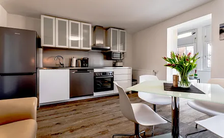 Wohnzimmer mit Küchenzeile und Essecke