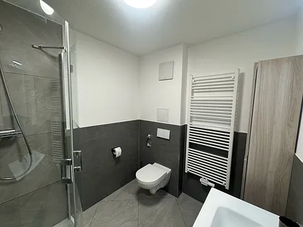 Blick in das Badezimmer mit Handtuchtrockner