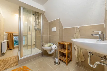 Das Bad bietet Dusche und WC.