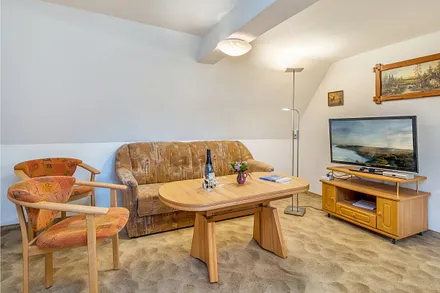 Das Wohnzimmer hat eine Couch mit Schlaffunktion für 1-2 Personen.