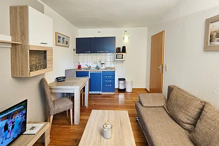 Wohnzimmer mit Schlafcouch, Küchenzeile, Flat-TV, Essplatz