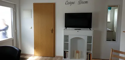 TV im Wohnbereich (Tür zum Bad)