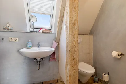 Es bietet Ihnen Dusche, Handtuchtrockner, Waschbecken und WC.