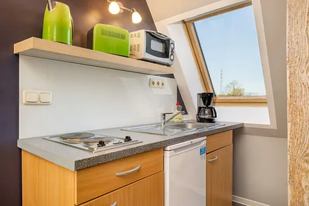 Die Küchenzeile mit Minibackofen, 2-Platten-Herd und Kühlschrank mit Eisfach.