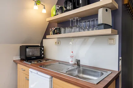 Die kleine Küchenzeile mit Minibackofen, 2-Platten-Herd und Kühlschrank mit Eisfach. 