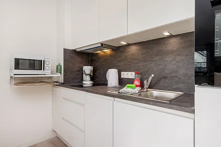 Die Küchenzeile ist ausgetattet mit Cerankochfeld, Backofen, Geschirrspüler, Toaster, Kaffee- und Wasserkocher sowie Kühlschrank mit Eisfach.