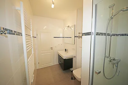 komfortables Badezimmer mit ebenerdiger Dusche, Waschtisch, Handtuchheizkörper, WC und Fön