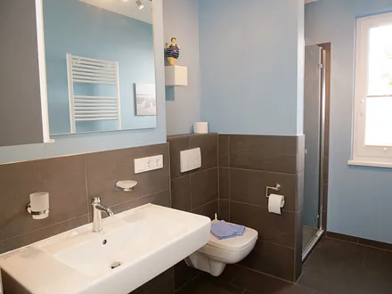 modernes und komfortabeles ausgestattetes Badezimmer mit ebenerdiger Dusche, WC, Waschtisch und Fön