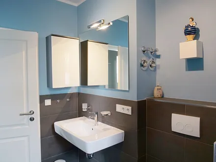 modernes und komfortabeles ausgestattetes Badezimmer mit ebenerdiger Dusche, WC, Waschtisch und Fön