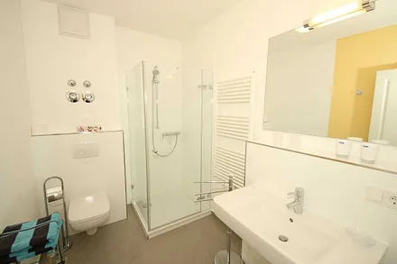 modernes Duschbad mit ebenerdiger Dusche, WC, beheizte Handtuchhalterung, Kosmetikspiegel und Fön