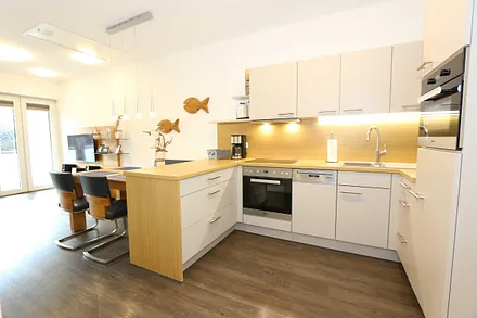 Küchenzeile mit Mikrowelle, Backofen, Induktionskochfeld, Geschirrspüler, Kaffeemaschine, Pad-Maschine (Senseo), Wasserkocher, Eierkocher, Toaster, Handmixer und Kühlschrank mit Gefrierfach 