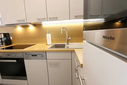 Küchenzeile mit Mikrowelle, Backofen, Induktionskochfeld, Geschirrspüler, Kaffeemaschine, Pad-Maschine (Senseo), Wasserkocher, Eierkocher, Toaster, Handmixer und Kühlschrank mit Gefrierfach 