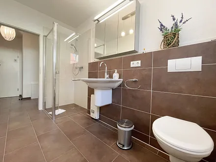 komfortables Badezimmer mit WC, Waschbecken, Fön, Dusche und Handtuchwärmeheizkörper