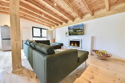 Wohnbereich mit (Ethanol)Kamin und LED-TV