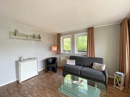 Wohnzimmer mit Schlafcouch (Aufbettung 3./4. Person, 1,60 m x 2,00 m), Sessel, TV sowie Blu-Ray-Player