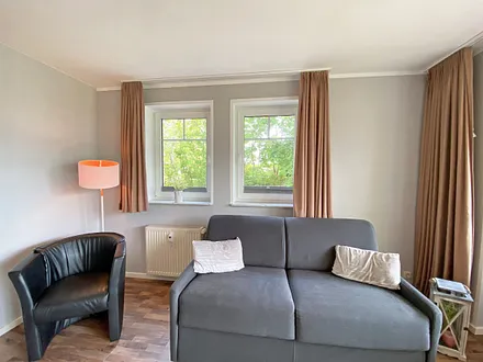 Wohnzimmer mit Schlafcouch (Aufbettung 3./4. Person, 1,60 m x 2,00 m), Sessel, TV sowie Blu-Ray-Player