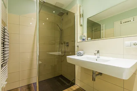 modernes Badezimmer mit ebenerdiger Dusche, Waschbecken, WC, Kosmetikspiegel, beheizbarem Handtuchtrockner, Fön sowie leistungsfähiger Entlüftungsanlage