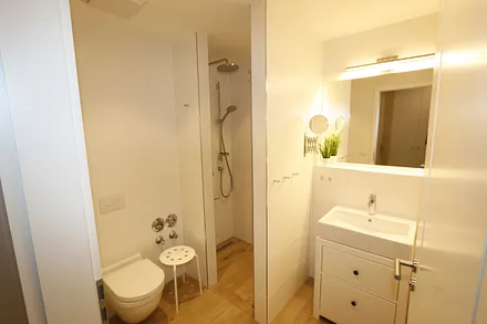 Badezimmer mit ebenerdiger Regendusche, Waschtisch, WC, Fön, Kosmetikspiegel und einem Handtuchtrockner  