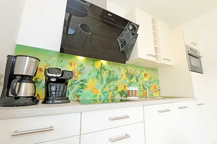 Küchenzeile mit Geschirrspüler,autarkes Elektro-Kochfeld mit 4 Zonenceranfeld,Spüle,Kühlschrank mit Eisfach,Kompaktbackofen mit Mikrowelle,Dunstabzugshaube,Wasserkocher & Toaster