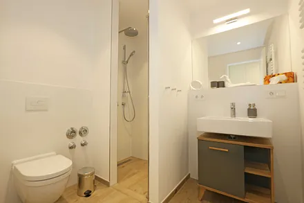 Badezimmer mit ebenerdiger Regendusche, Waschtisch, WC, Spiegel, Fön und Handtuchtrockner