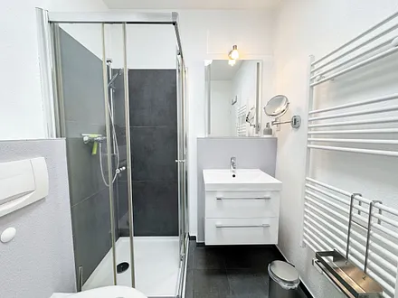 Bad mit Waschbecken, Dusche, WC, Kosmetikspiegel, Handtuchheizkörper