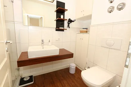 hochwertiges Badezimmer mit Dusche, WC, Fön, Handtuchheizkörper sowie einem exklusiven Waschtisch mit passenden Wandfliesen von Villeroy + Boch