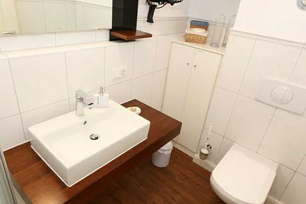 hochwertiges Badezimmer mit Dusche, WC, Fön, Handtuchheizkörper sowie einem exklusiven Waschtisch mit passenden Wandfliesen von Villeroy + Boch