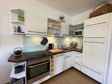 moderne Küchenzeile mit Kühlschrank, separates Gefrierfach, Ceranfeld, Backofen, Mikrowelle, Geschirrspüler und diversen Küchenutensilien 