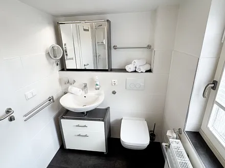 Tageslicht-Badezimmer mit Waschbecken und WC