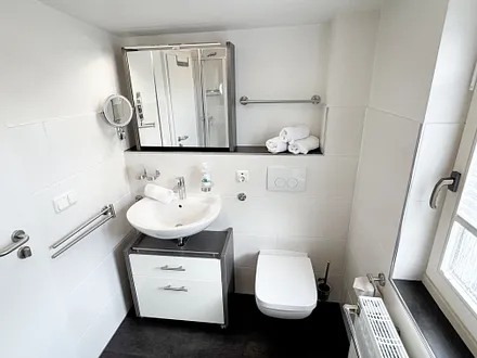 Tageslicht-Badezimmer mit Waschbecken und WC