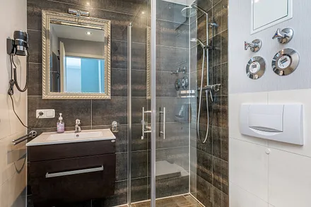 Das schicke Bad bietet Ihnen bodengleiche Echtglasddusche, Fön und WC.