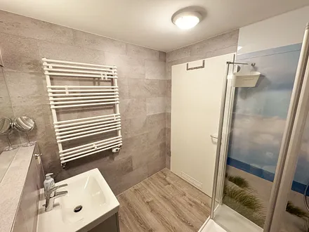 innenliegendes Badezimmer mit WC, Dusche, Waschtisch mit Unterschrank, Fön, Kosmetikspiegel, großem Wandspiegel, Handtuchheizkörper und einem Ablageregal