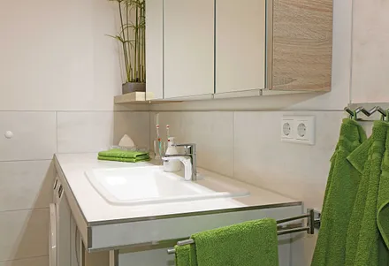 modernes Badezimmer mit ebenerdiger komfortabler Regendusche, Waschplatz, WC, Kosmetikspiegel, Fön, Spiegelschrank und einen Handtuchtrockner