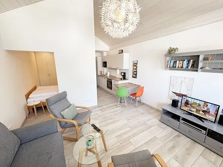 gemütliches Wohnzimmer mit Couch und blick ins Schlafzimmer