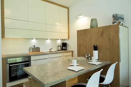 Einbauküche mit Geschirrspüler, Kühlschrank mit Eisfach, Backofen, 4 Zonen-Cerankochfeld, Mikrowelle, Kaffeemaschine, Toaster, Wasserkocher, Mixer und diversen Küchenutensilien