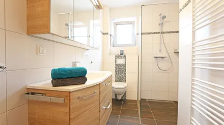 Tageslichtbad mit Walk-In-Dusche, 1 Waschtisch mit Unterschränken und Spiegelschrank, WC, Handtuchtrockner, Haarfön