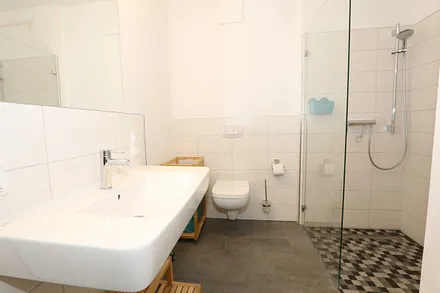Badezimmer mit ebenerdiger Dusche, Waschplatz, WC, Handtuchheizkörper und Fön