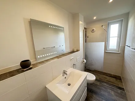 Tageslichtbadezimmer mit ebenerdiger Dusche, separater Lüftung, Fön, WC und Waschtisch mit Spiegelbeleuchtung