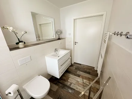 Tageslichtbadezimmer mit ebenerdiger Dusche, WC, Spiegel, Kosmetikspiegel, Waschtisch mit Schubladen, Haartrockner und Handtuchwärmer
