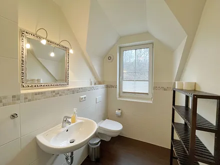 Tageslichtbad mit ebenerdiger Dusche, WC, Fön, Waschplatz, Kosmetikspiegel, Fußbodenheizung, Insektenschutzgitter, beheizbarer Handtuchtrockner und zuschaltbare Ventilator-Lüftungseinrichtung
